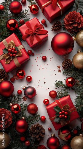 Illustration AI red Christmas gifts with festive ornaments and pine branches. Christmas, celebration