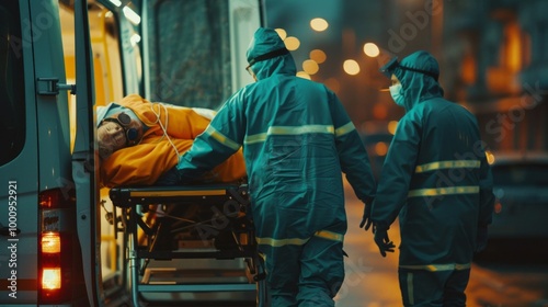 A man in a yellow shirt is being carried on a stretcher by two men in blue
