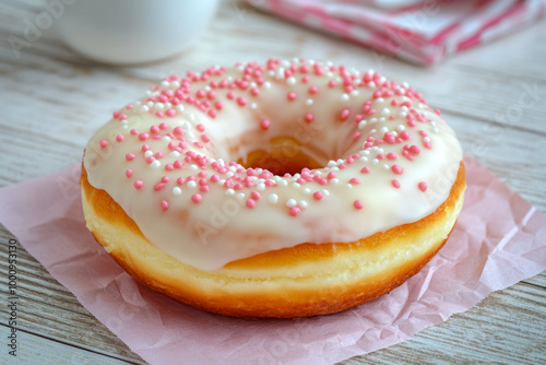 Freshly Baked Donut Covered With Icing On A Napkin On The Table For A Morning Snack Created With Artificial Intelligence