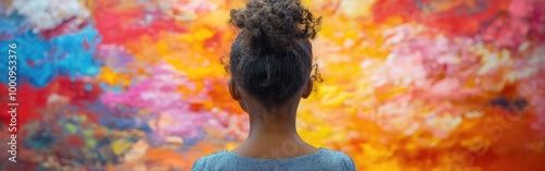 A child stands captivated by a bright modern art painting in an art gallery