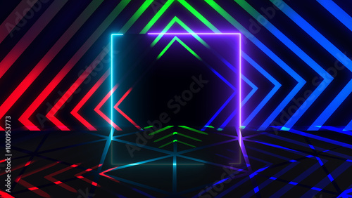 Night retro club neon rectangle square moving with its reflection. Picture frame loop. Futuristic dreamy elegant glowy effect. Shiny moving technical glittering background. Vibrant network bg