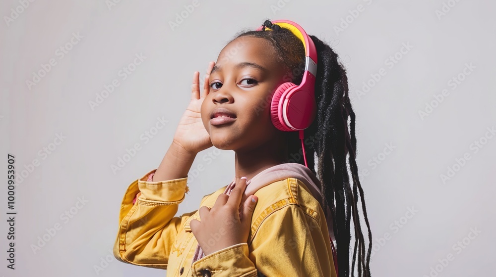 Fototapeta premium Stylish pretty woman wearing headphones listening to music in happy relaxed state.