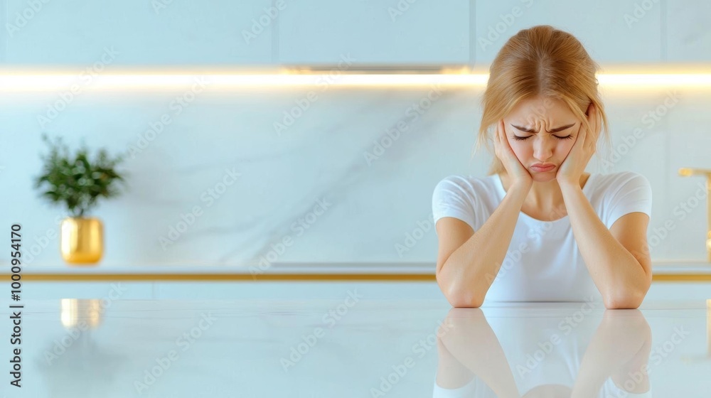 Woman standing at a kitchen counter holding her jaw, looking in pain, toothache at home, health problem Woman standing at a kitchen counter holding her jaw, looking in pain, toothache at home, health problem