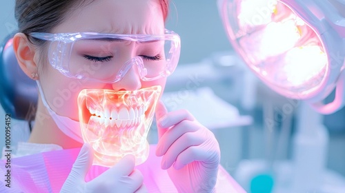 Woman in her 30s holding her jaw in pain, soft focus background of a dental office, toothache before treatment, healthcare anxiety photo