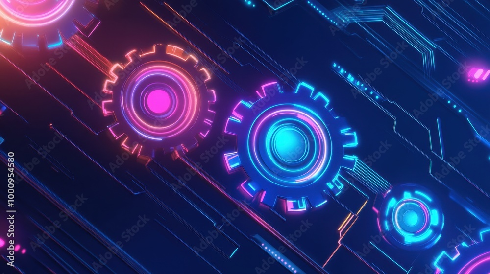 Obraz premium A sleek blue gradient background with interconnected gears and glowing neon circuits, illustrating modern technological processes.