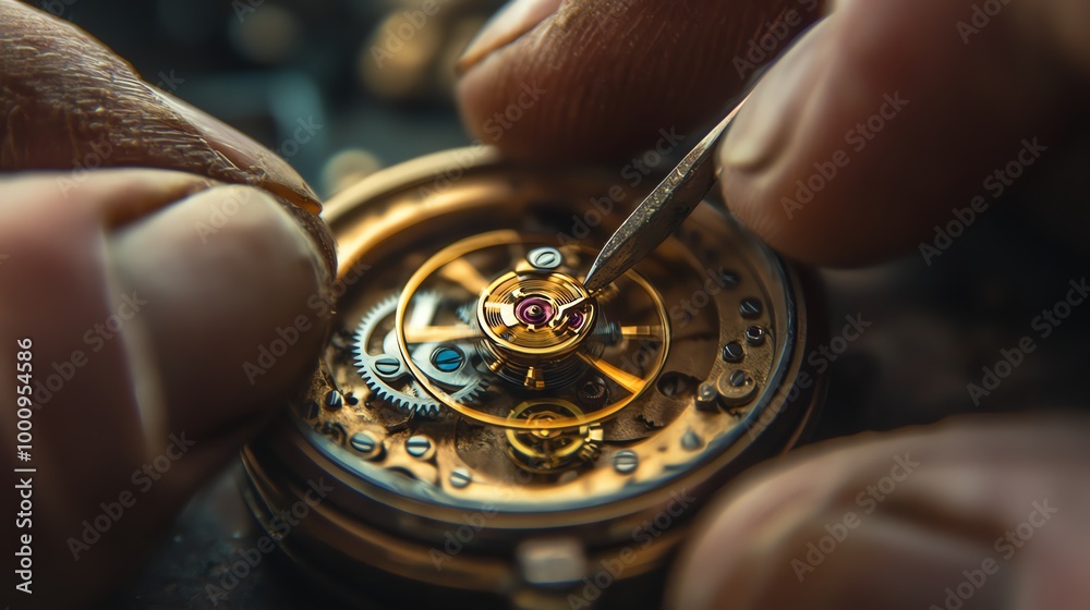 A close up of a watchmaker using a screwdriver to work on a watch mechanism. A close up of a watchmaker using a screwdriver to work on a watch mechanism.