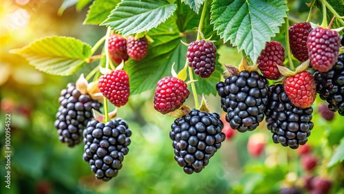 Lush, ripe blackberries sway gently from a verdant branch, surrounded by a beautiful garden, embodying the freshness