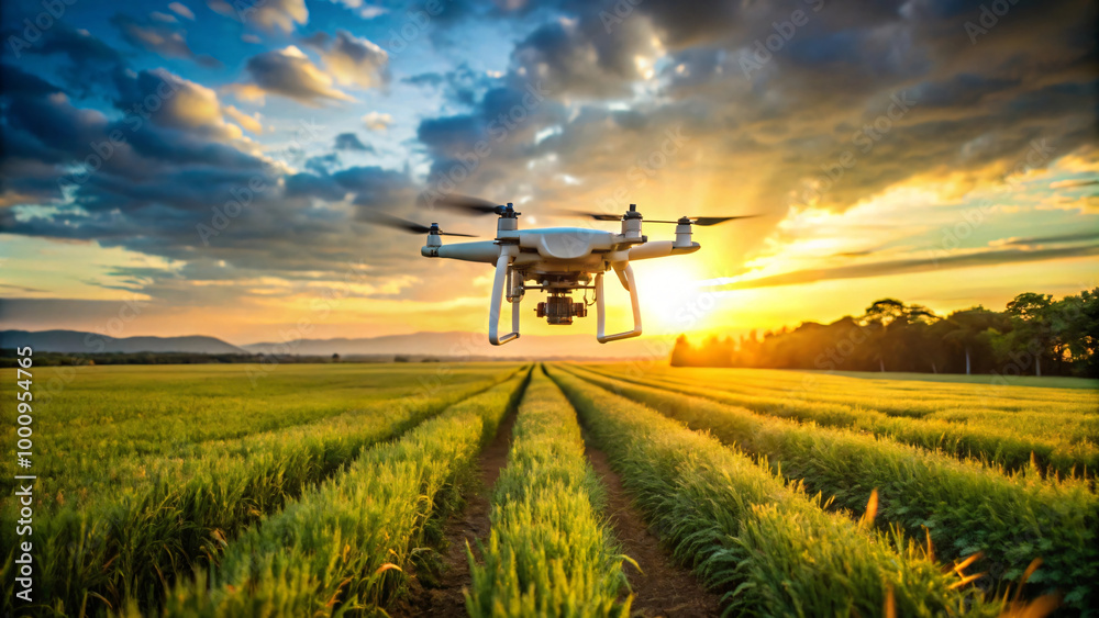 Isolated sunset over the field with a drone Isolated sunset over the field with a drone