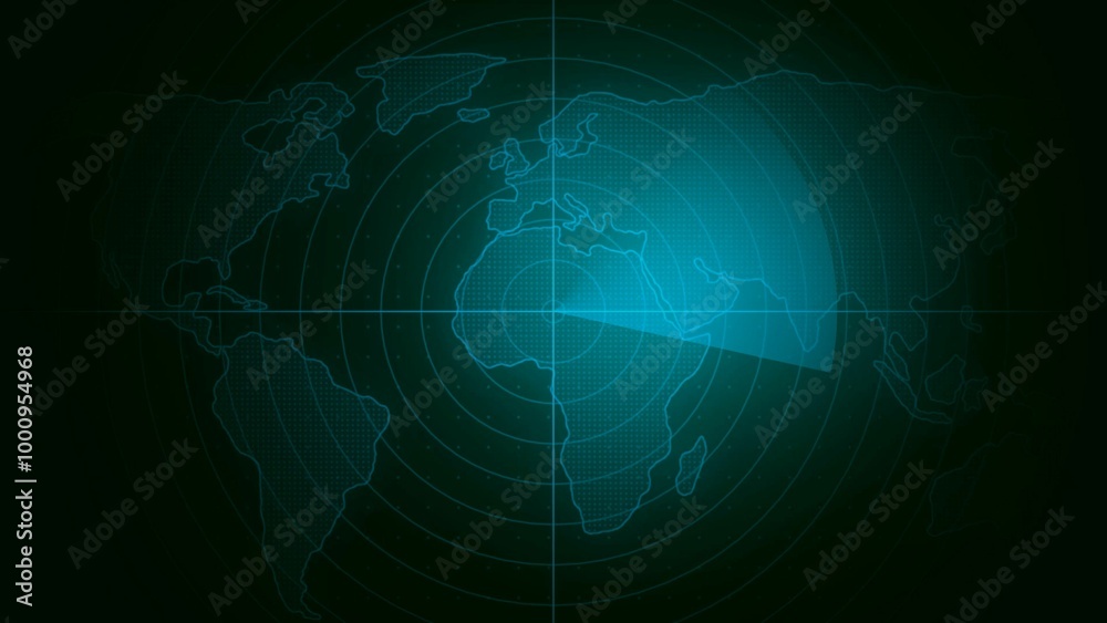 Obraz premium World map radar screen. Radar display showing enemy position. Navigation radar display.