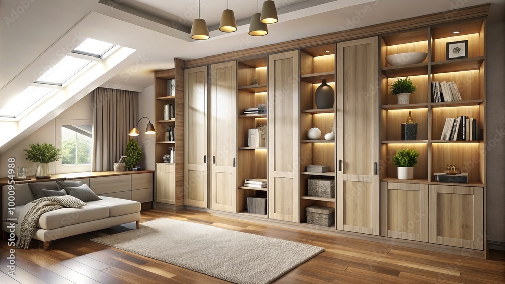 Fototapeta premium Modern bedroom cupboard features stylish shelving and elegant storage options, creating an aesthetically pleasing