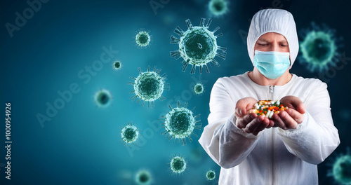 A doctor in a medical mask holds pills in his hands against the background of viral cells.