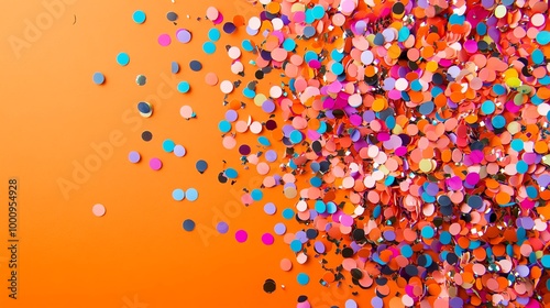 Colorful confetti on an orange background.