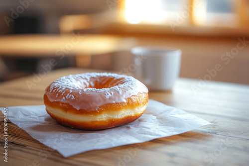 Freshly Baked Donut Covered With Icing On A Napkin On The Table For A Morning Snack Created With Artificial Intelligence