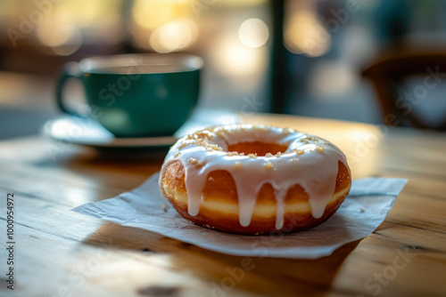 Freshly Baked Donut Covered With Icing On A Napkin On The Table For A Morning Snack Created With Artificial Intelligence