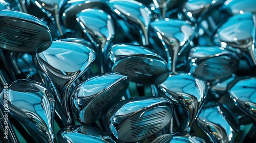 A dish filled with many pristine blue golf clubs taking photo