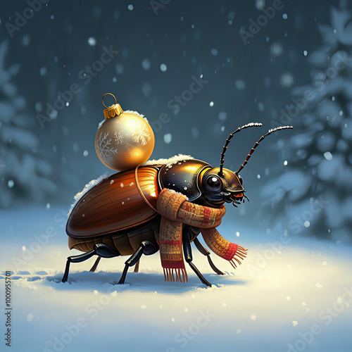 Beetle Walking in Snow with Golden Christmas Ornament and Scarf photo