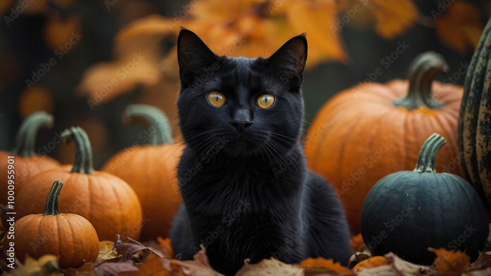 Black cat among pumpkins and autumn leaves. Photo of a black cat outdoors in autumn. Halloween card