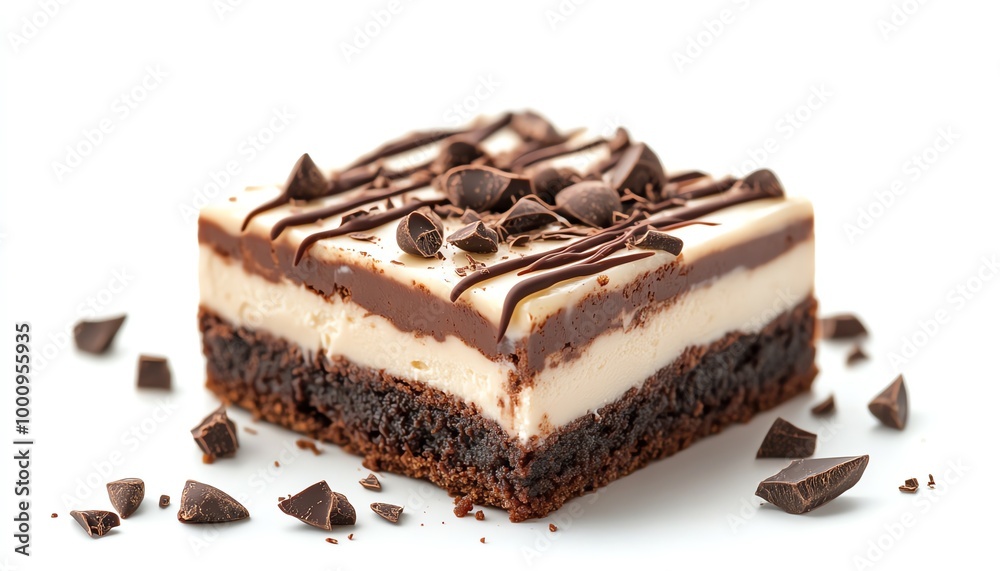 Chocolate brownie square with layers of creamy mousse and drizzle of chocolate isolate white background Chocolate brownie square with layers of creamy mousse and drizzle of chocolate isolate white background