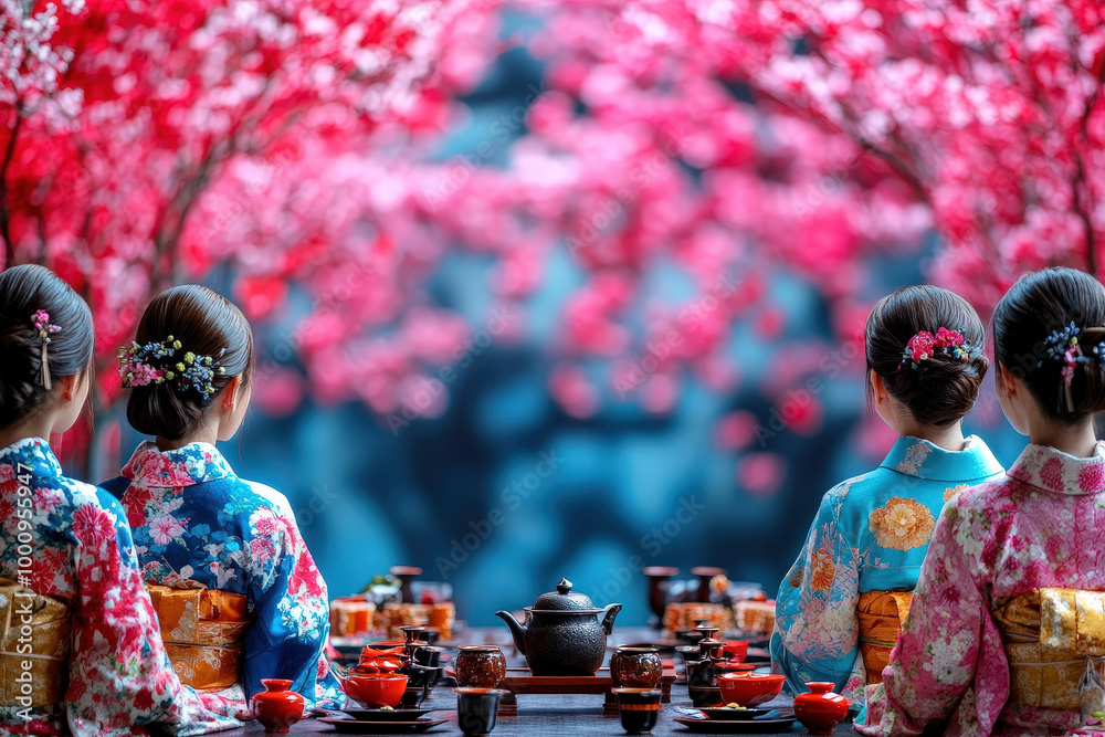 Obraz premium Four women wearing traditional kimonos are seated with their backs facing the camera, participating in a traditional tea ceremony, surrounded by vibrant pink cherry blossom trees in full bloom.