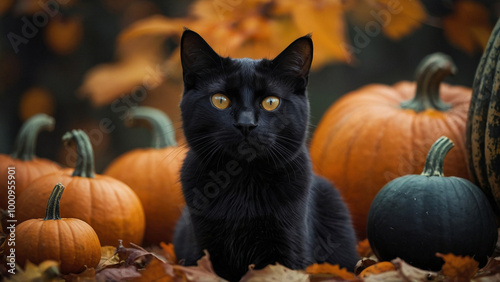 Black cat among pumpkins and autumn leaves. Photo of a black cat outdoors in autumn. Halloween card