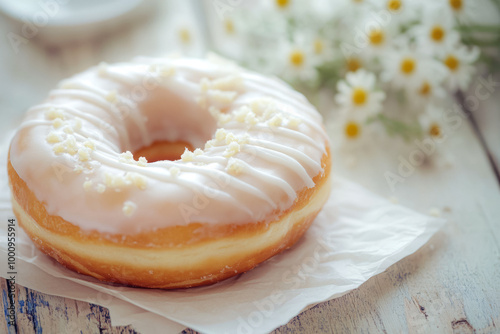 Freshly Baked Donut Covered With Icing On A Napkin On The Table For A Morning Snack Created With Artificial Intelligence