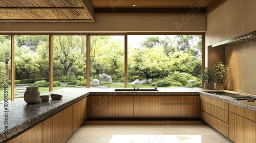 A sleek Japanese kitchen, featuring minimalist wooden cabinetry, stone countertops, and bamboo accents, framed by large windows with views of a zen garden