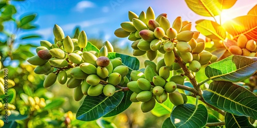 Lush green pistachio plants thrive under bright sunlight, flourishing in a warm climate, showcasing their vibrant foliage and healthy growth in a natural setting. photo