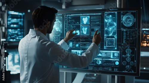 High-Tech Surgical Room: Robotic Surgical System Assisting Surgeons in a Delicate Operation with Advanced Instruments and Monitors