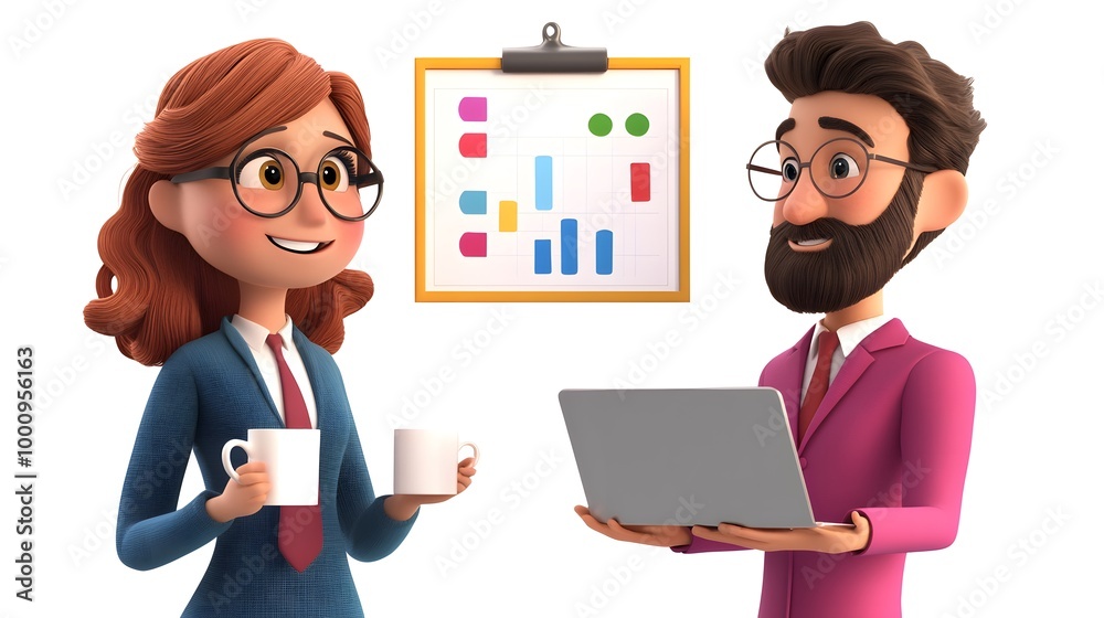 3D cartoon, two people talking with coffee mugs and laptops in their hands 3D cartoon, two people talking with coffee mugs and laptops in their hands