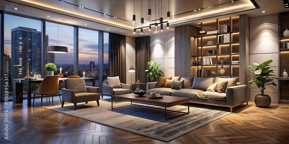 Sleek and refined interior design highlights fashionable furnishings and inventive space configurations, crafting an Sleek and refined interior design highlights fashionable furnishings and inventive space configurations, crafting an
