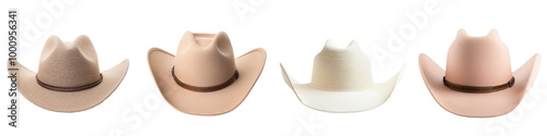 Cowboy hat displayed in full view against a white background, showcasing its design and craftsmanship, ideal for Western-themed attire. photo