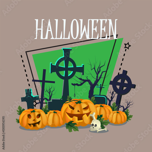 Halloween lettering with scary pumpkin lanterns at graveyard. Tombstones, naked trees, skull and bones. Typed text, calligraphy. Celebration, party concept. Vector illustration for banner design