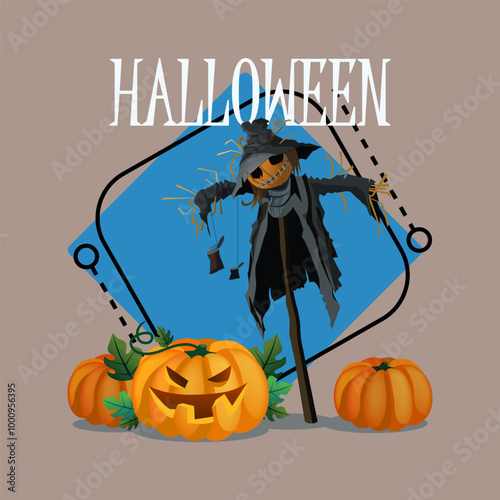 Halloween lettering with scarecrow and pumpkins. Typed text, calligraphy. Holiday, celebration, party concept. Vector illustration for invitation or  banner design photo