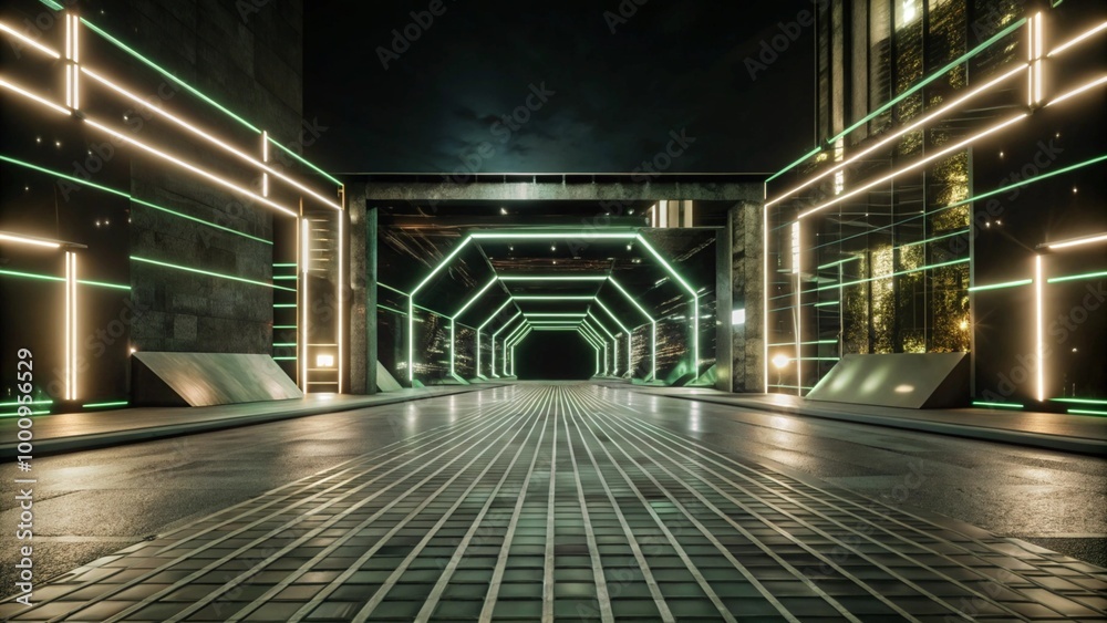 Fototapeta premium 3d technology abstract neon light background, empty space scene, spotlight, dark night, virtual reality, cyber futuristic sci-fi background, street floor studio for mock up. colored geometric.