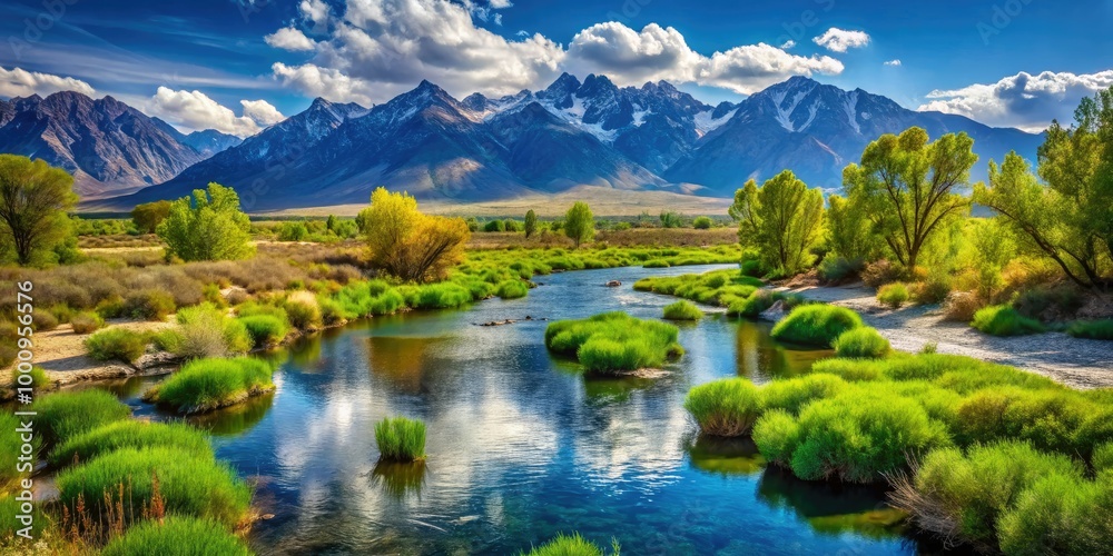 Naklejka premium Owens River in California features a stunning blend of lush greenery and majestic mountains, offering a serene and captivating view of natural splendor.