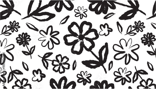 Seamless pattern with black brush flowers,Hand-drawn flowers. vector geunge floral elements,Ink drawing wildflower. photo