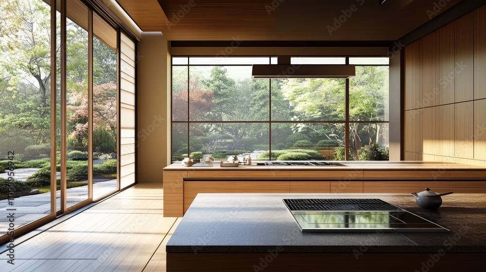 A sleek Japanese-inspired kitchen, with minimalist wooden cabinetry, stone countertops, and large windows overlooking a zen garden A sleek Japanese-inspired kitchen, with minimalist wooden cabinetry, stone countertops, and large windows overlooking a zen garden