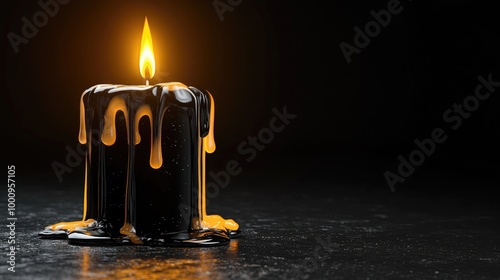 Black candle with glowing flame and dripping wax photo