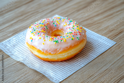 Freshly Baked Donut Covered With Icing On A Napkin On The Table For A Morning Snack Created With Artificial Intelligence