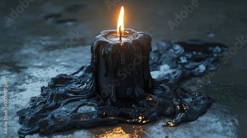 Melting black candle with glowing flame on reflective surface