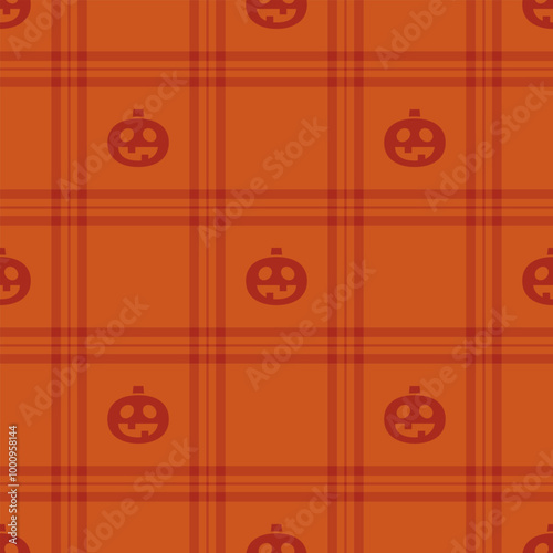 Halloween vector pattern with plaid stripes and pumpkins, spooky ghosts, and scary ornaments. Ideal for autumn background, textile, fabric, party decor, greeting cards, posters, or tiled wallpaper.