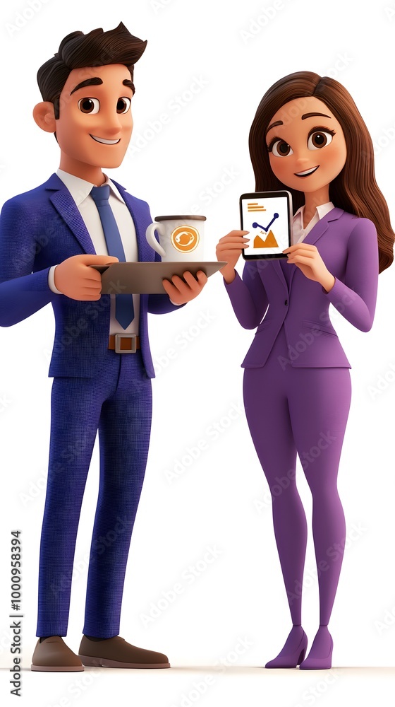 3D cartoon, two people talking with coffee mugs and laptops in their hands 3D cartoon, two people talking with coffee mugs and laptops in their hands