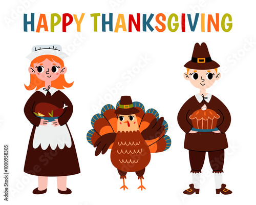 Happy Thanksgiving. Set cute pilgrim people with harvest and turkey. Vector cartoon illustration for print.