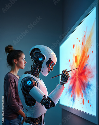 Humanoid robot creating, drawing, painting under control of human artist. Concept of Artificial Intelligence assistance in artwork creation process thanks to generative AI.