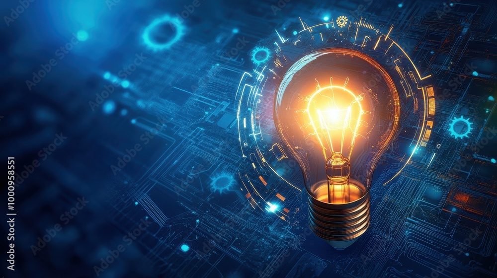 An energetic light bulb surrounded by glowing circuits and metallic gears, set against a sleek blue background, emphasizing science. An energetic light bulb surrounded by glowing circuits and metallic gears, set against a sleek blue background, emphasizing science.