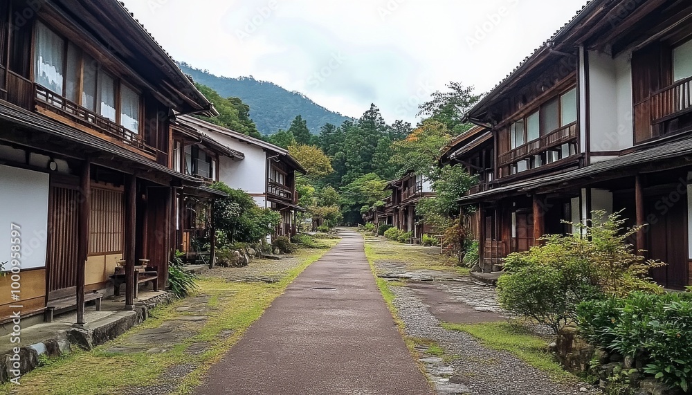 Traditional Japanese Village. Wooden Houses in the Mountains. Rural Japanese Landscape. Traditional Japanese Architecture. Traditional Japanese Village. Wooden Houses in the Mountains. Rural Japanese Landscape. Traditional Japanese Architecture.