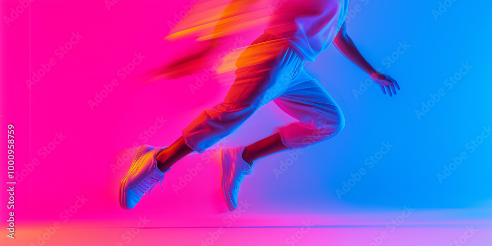 A woman sprints with great energy against a backdrop of bright pink and blue lights, showcasing a dynamic workout routine in a contemporary fitness studio. A woman sprints with great energy against a backdrop of bright pink and blue lights, showcasing a dynamic workout routine in a contemporary fitness studio.