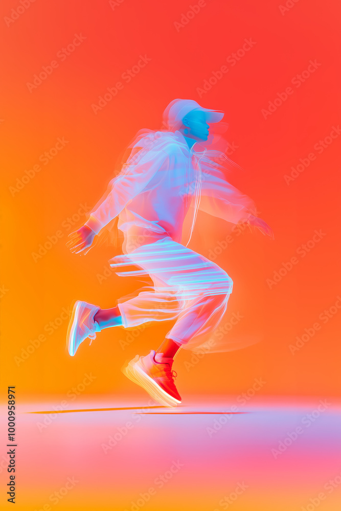Running or Dancing Athlete in Surreal Light Painting with Neon Glow and Futuristic Vibes for Dynamic Sports and Streetwear Marketing Running or Dancing Athlete in Surreal Light Painting with Neon Glow and Futuristic Vibes for Dynamic Sports and Streetwear Marketing