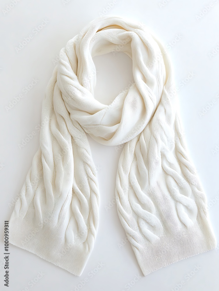 Obraz premium White Cable Knit Scarf on a White Background.