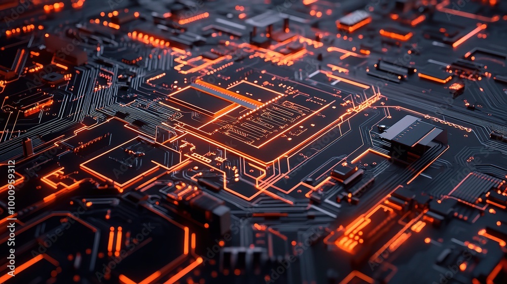Abstract Circuit Board Design with Glowing Lines